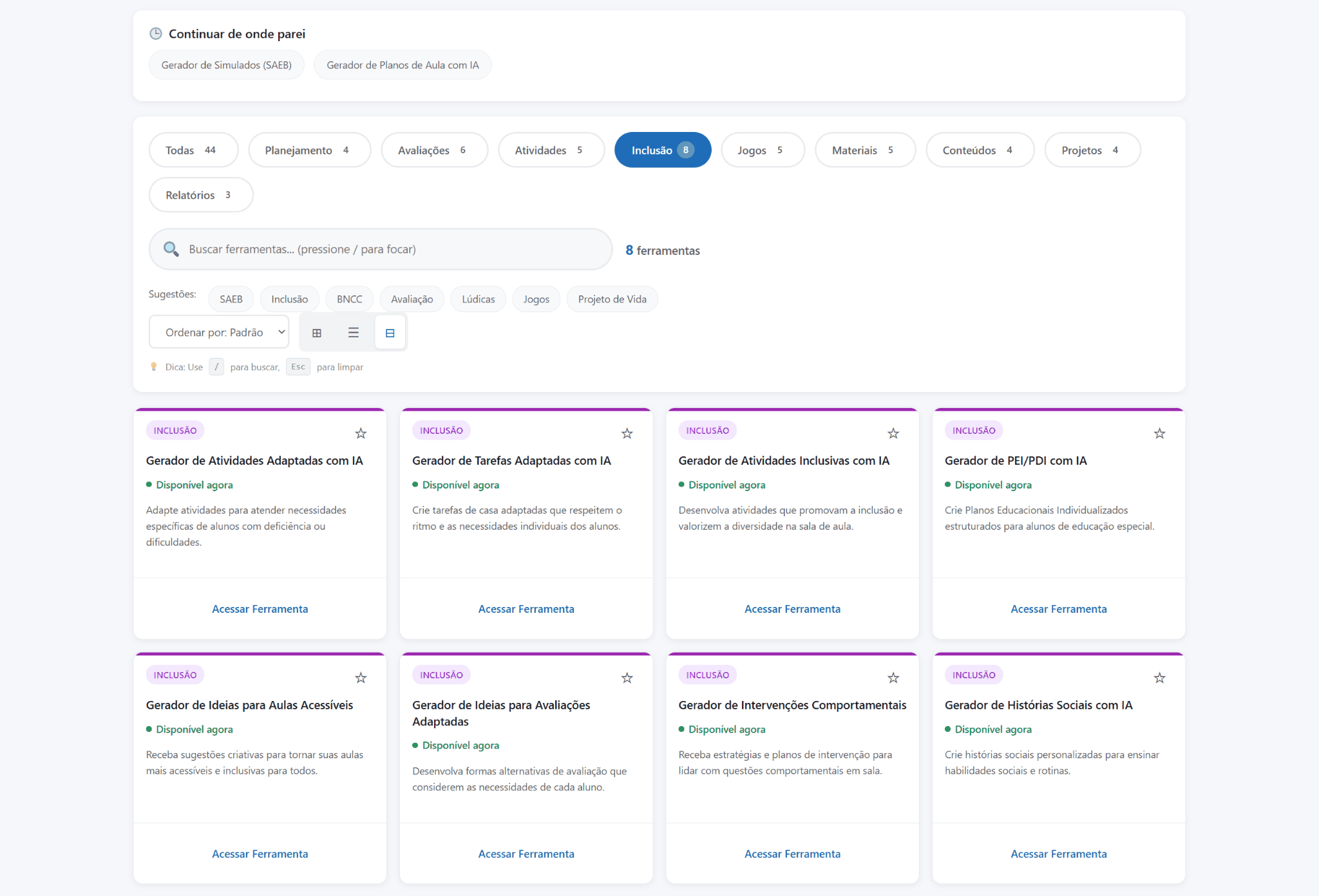 Interface das Ferramentas SKOOLY